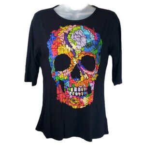iAy Guey! Popotillo Sugar Skull & Straw Design Black 3/4 Sleeve Top SZ XL